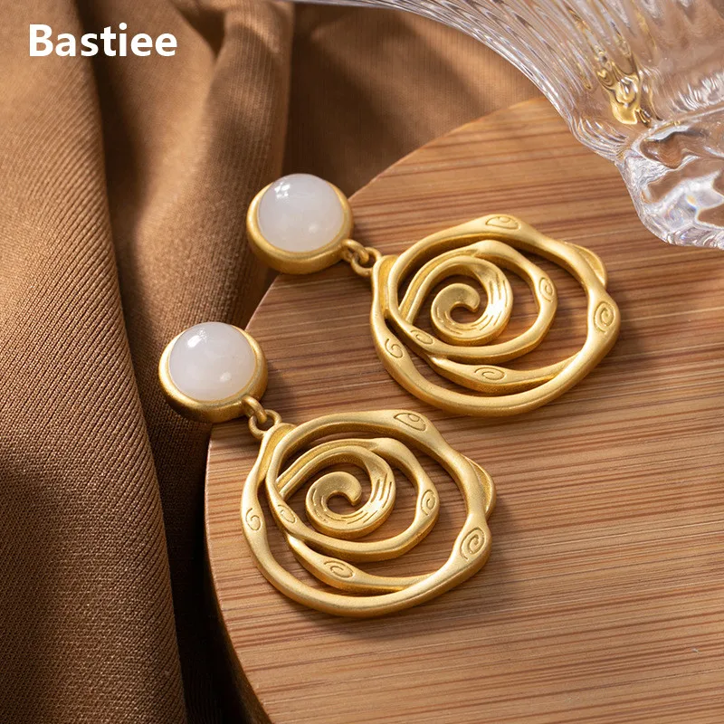 Bastiee Spiral Stud Drop Earrings 925 Sterling Silver Jewelry For Women Earings Round Jade Gold Plated Jewelery Trendy