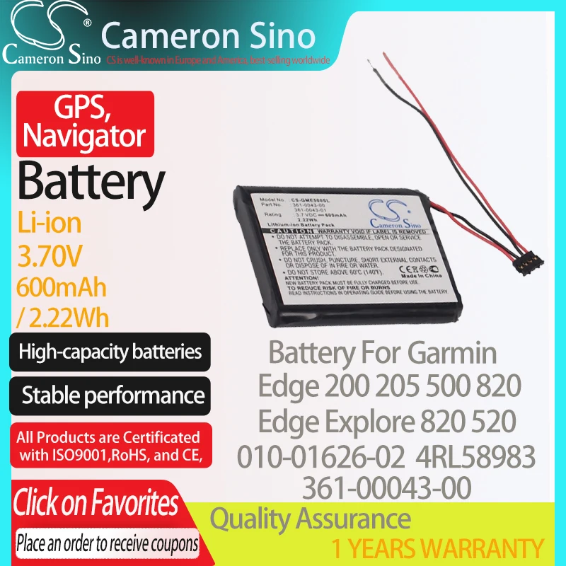 Batería de cámara para Garmin Edge 200, 205, 500, 520, 820, Explore 820, 010-01626, 02, compatible con Garmin 361-00043-00 GPS, batería de navegador