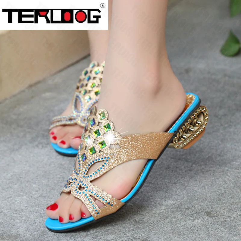 

Шлепанцы женские с открытым носком, роскошные сандалии с кристаллами, туфли-лодочки для вечеринки, классические тапочки на массивной подош...