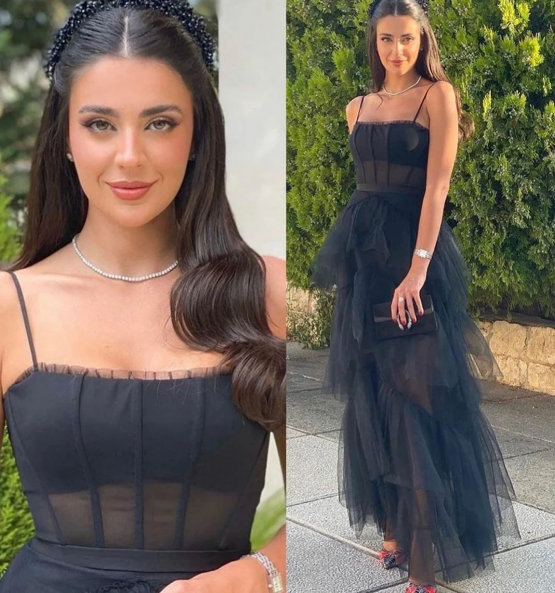 

Винтажные черные тюлевые вечерние платья а-силуэта, длинные женские вечерние платья на тонких бретелях