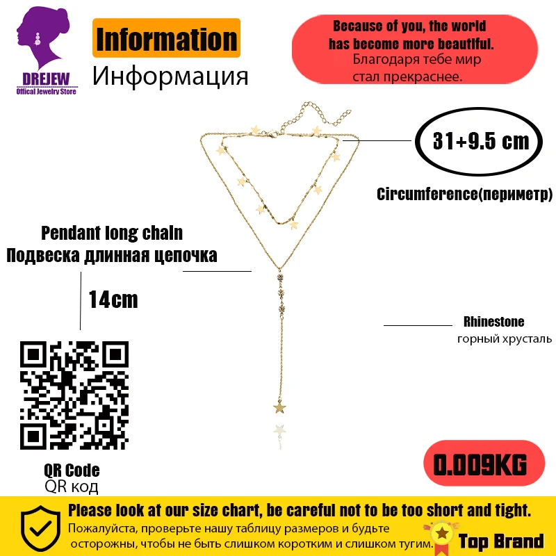 

DREJEW Multilayer Gold Star Moon Rhinestone Pendant Necklace 925 Long Chain Stainless Steel Necklaces Women Statement Jewelry