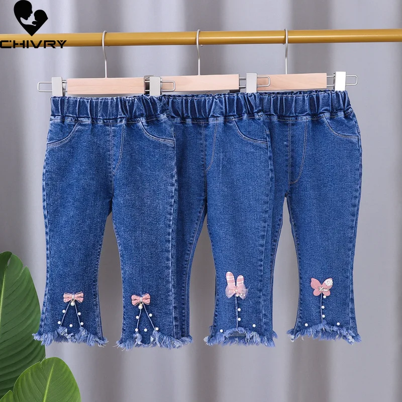 

Girls Denim Pants Spring Autumn 2022 New Baby Girl Casual Flared Trousers Long Pants Kids Fashion Bow Flower Jeans Trousers