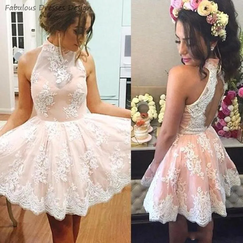 

2020 Fashion Short Mini Prom Dresses High Collar Tulle Applique Lace Evening dresses For Women Vestido De Festa