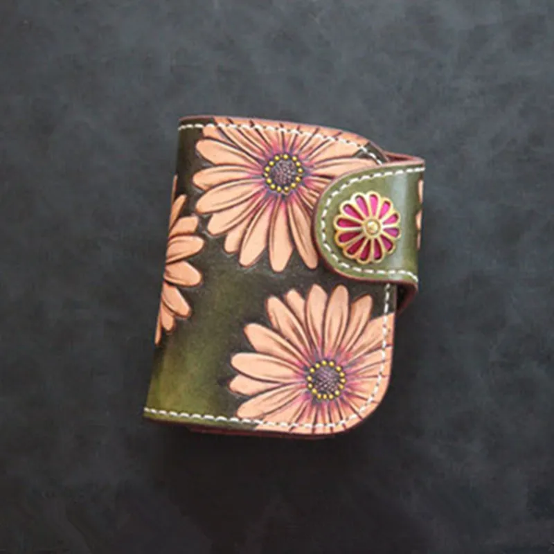 Женский мини-кошелек из воловьей кожи ручной резной кошелек с ромашками мужской
