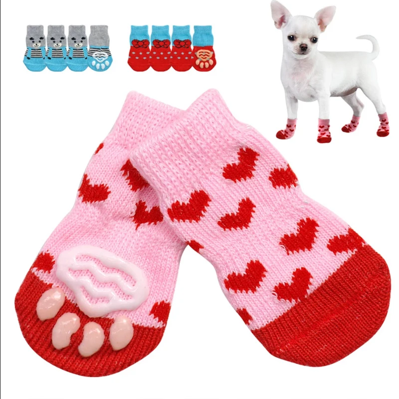 

4pcs/Set Cute Puppy Cat Dog Socks Small Pet Cotton Anti-Slip Cat Shoes For Autumn Winter Indoor Wear Slip On Paw Protector