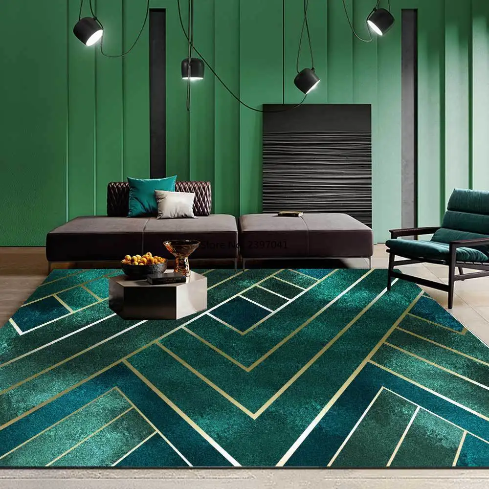 

Nordic Modern luxury gold line dark green Carpet Modern 3D Geometric Pattern Home Area Rug Simple Bedroom Coffee Table Floor Mat