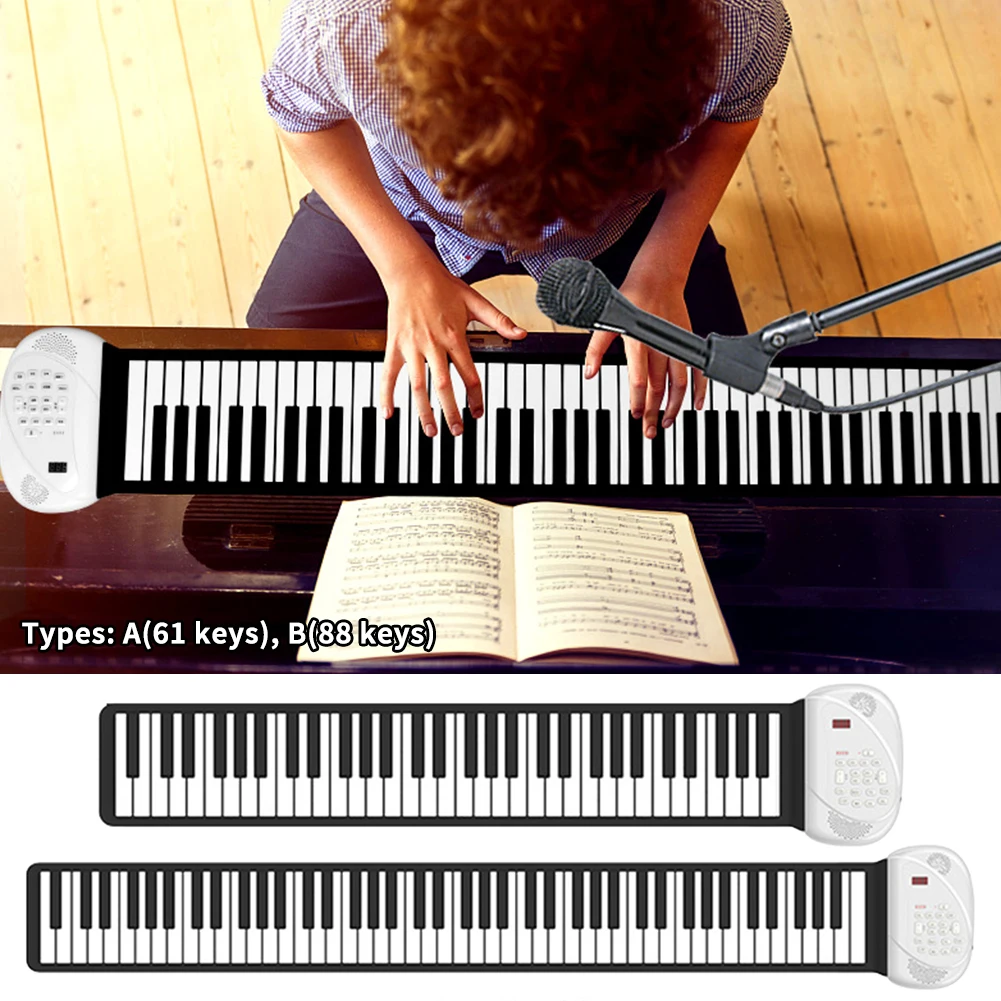 

USB Rechargeable Musical Instrument Bluetooth Portable Beginners Gift Silicone Dual Speakers Roll Up Piano Keyboard With Pedal