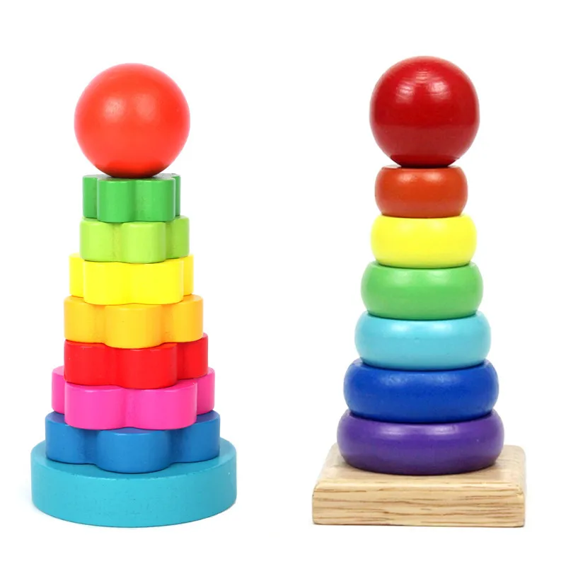 

Rainbow Tower Layer Stacking Ring Colorful Baby Wood Stacked Toys Learning Stapelring Building Blocks Wooded Infant Kids Toy