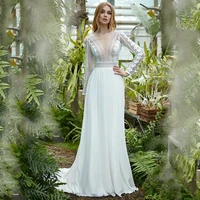 boho chiffon lace long sleeve wedding dresses 2022 a line elegant floor length sweep train bohemian bridal gown backless