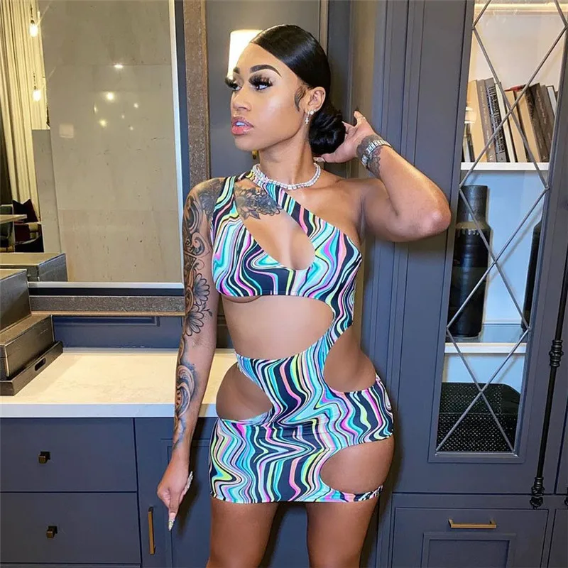 

CHRONSTYLE Cut Out Sexy Party Women Dress New Hollow Out Striped Bodycon Party Wear One Shoulder Outfits Midnight Clubwear Dress