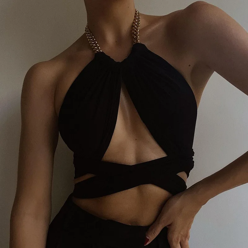 

Fashion Bandage Sexy Chain Halter Crop Tops for Women Hollow Sleeveless Top Cropped Club Party Outfits Summer 2021 y2k top