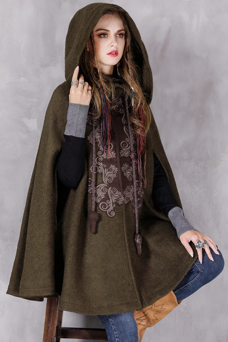 

KEER Women's Winter New Vintage Warm Woolen Hoodie Cloak Coat Embroidered Drop-Shoulder Sleeve Wool Cape Outerwear womens coat