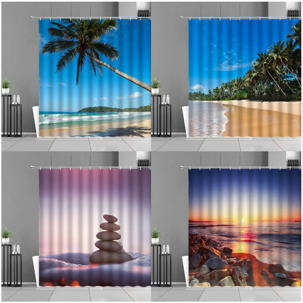 

Sunlight Ocean Shower Curtain Coconut Tree Sea Scenery Bathroom Decor Curtains Waterproof Bath Screen Home Decors Wall Cloth
