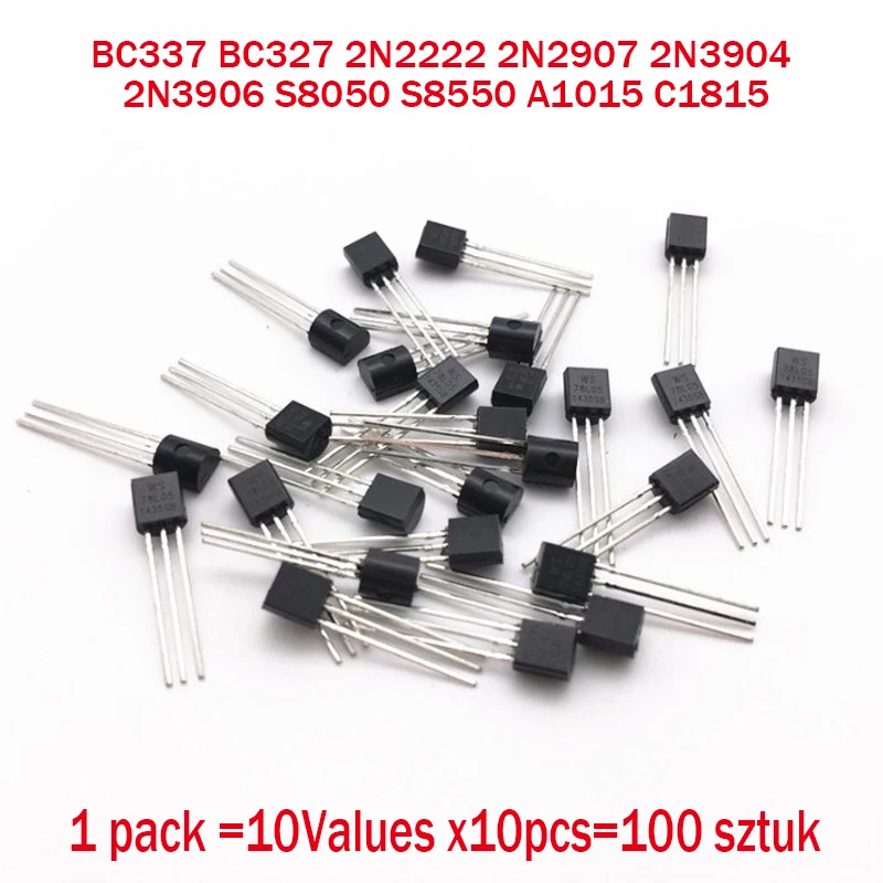 

BC337 BC327 2N2222 2N2907 2N3904 2N3906 S8050 S8550 A1015 C1815 10Values x10pcs=100 Transistors set Pack Transistor kit (TO-92)