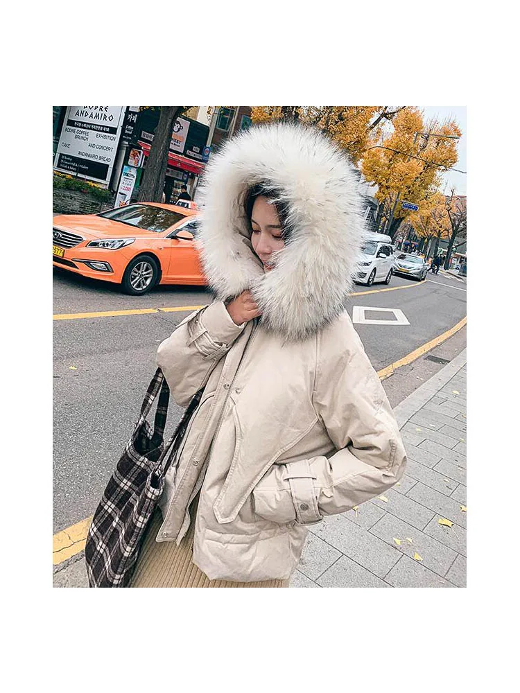 Женская куртка на 90% белом утином пуху теплая свободная парка с большим капюшоном