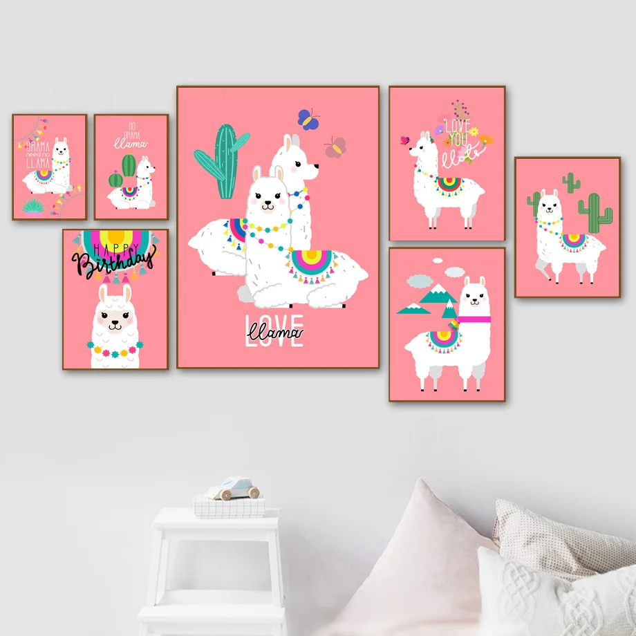 

Cute Cartoon Animals Llama Alpaca Cactus Canvas Painting Posters and Prints Canvas Wall Art for Nursery Baby Kids Bedroom Decor