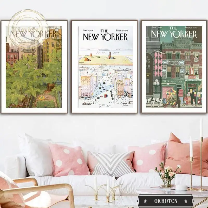 

Scandinavian Travel Landscape Retro Poster The New Yorker Canvas Painting Nordic Wall Art Picture Modern Living Room for Decor