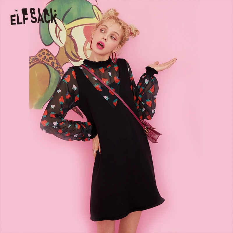 Женское шифоновое платье ELFSACK черное с принтом клубники в Корейском стиле