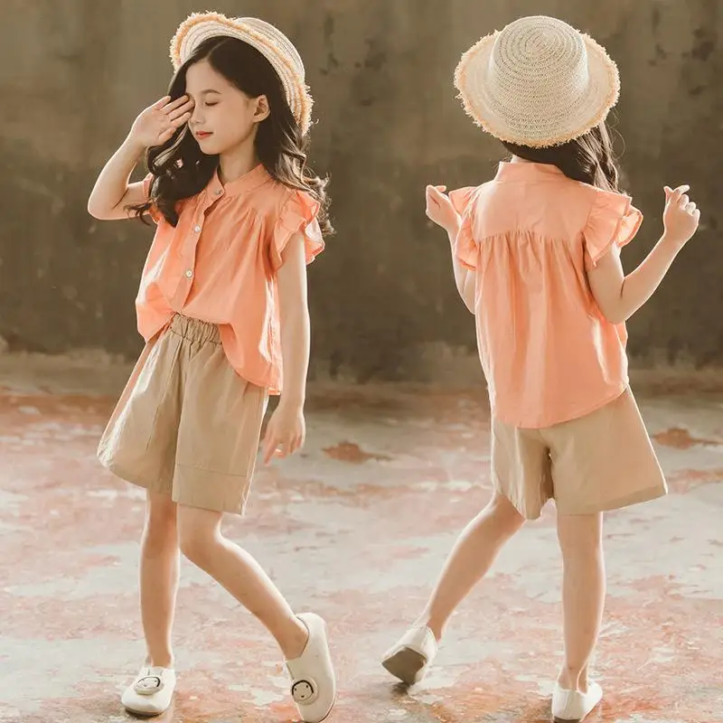 

Girls Clothes Set Summer fashion Flying Sleeve Shirt + Shorts 2 PCS Kids Clothing Suit For Girls Teen Children Tracksuit