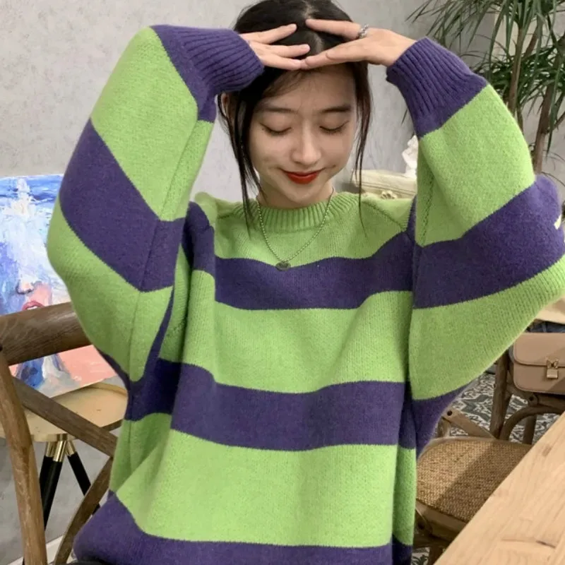 

Pullovers Women Striped O-neck Drop-shoulder Oversize BF Chic High Street Harajuku College Style Fashion Casual Ulzzang Female