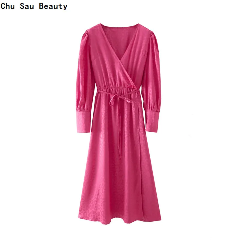 

Women's New Fashion V-Neck Rose Red Jacquard Satin Lace Midi Dress Autumn Elegant&Chic Ladies Party Banquet Long-Sleeved Dress