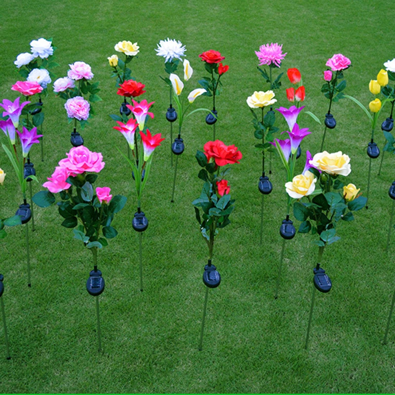 Солнечный светодиодный полюсный светильник лампа с цветком розы 3 головки