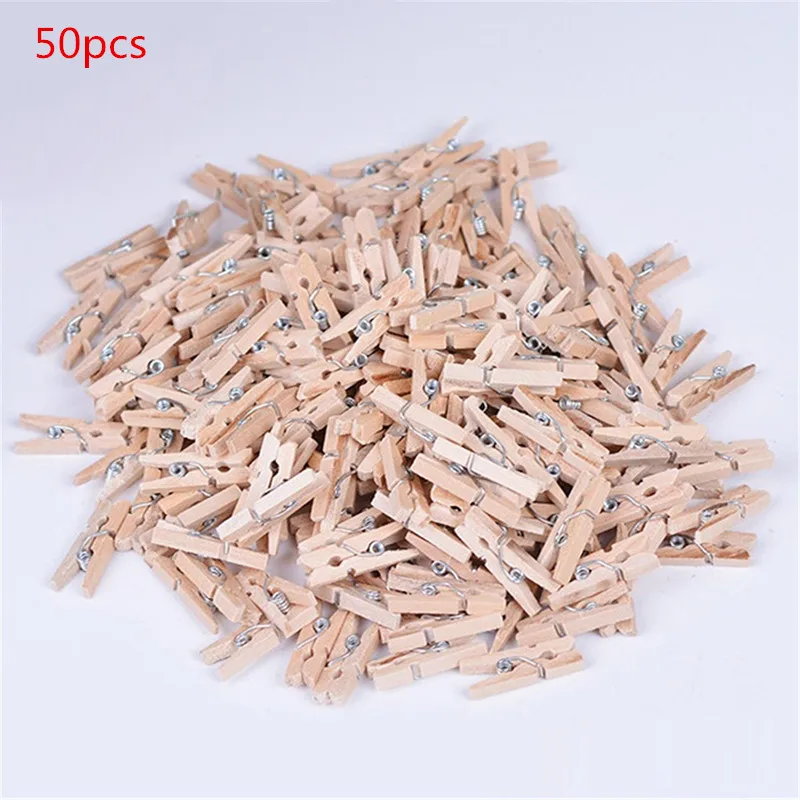 50pcs clips 100 шт/50 шт мини деревянная одежда фото бумага колышек прищепки для белья вешалки для свадебной вечеринки натуральный зажим 2,5 см - Цвет: 50pcs clips
