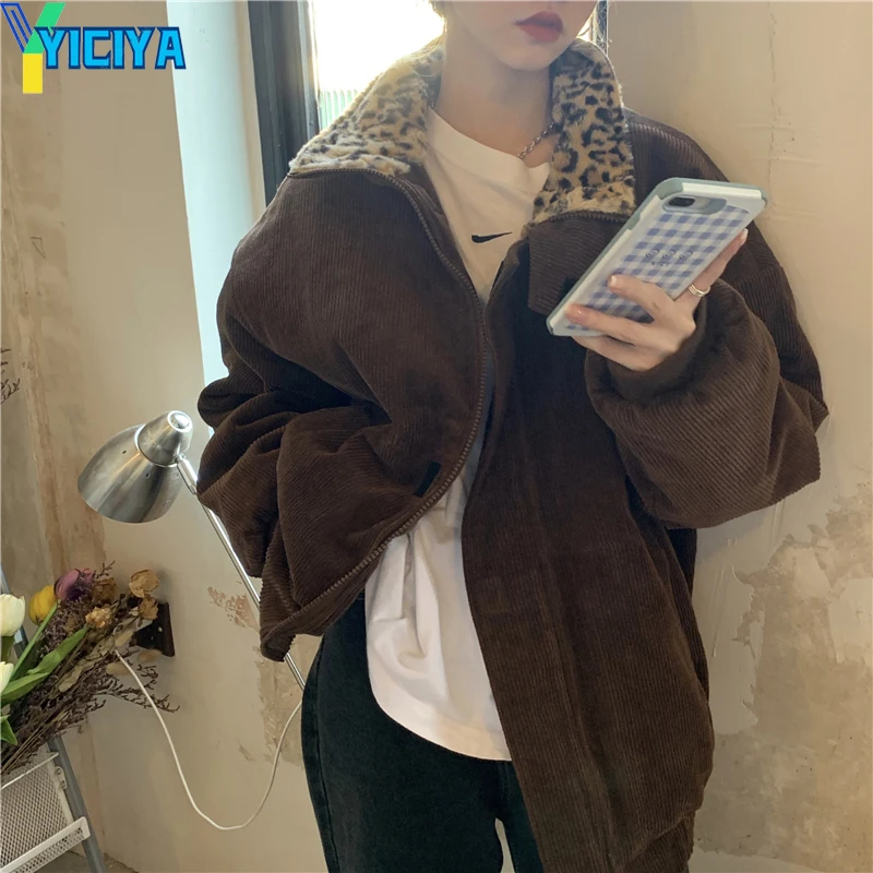 

2021 New Winter Leopard Patchwork Women Coat Corduroy Warm Loose Casual Jacket Female Outwear Elegant Tops Bomber Jacket Coats