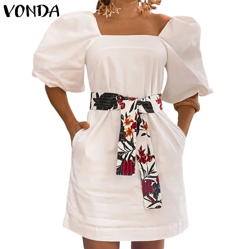 

Women Summer Sundress Short Sleeve Square Collar Sexy Mini Dress 2021 VONDA Vintage Belted Holiday Party Vestidos Robe Femme