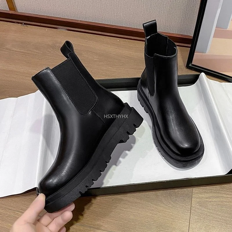 

2021 Women Short Boots Fashion Platform Pu Leather Thick Heel Winter Shoe Woman Warm Elastic Casual Lady Footwear Size 35-40
