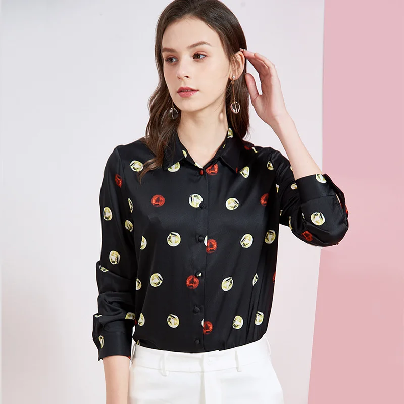 

Рубашка женская из натурального шелка, в черный горошек, с длинным рукавом, повседневная, в стиле бохо, лето 100%, 2020