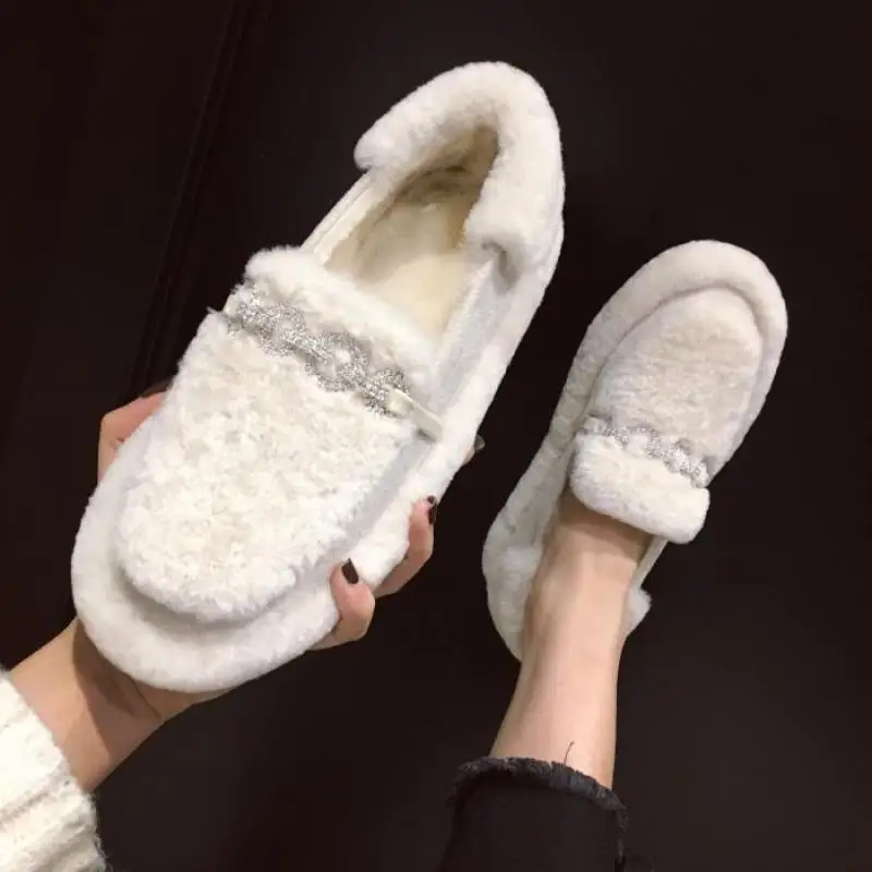 

SWYIVY velvet fur winter loafers shoes women snow boots slip on 2020 new rhinestone white shoes sneakers flats winter fur shoes