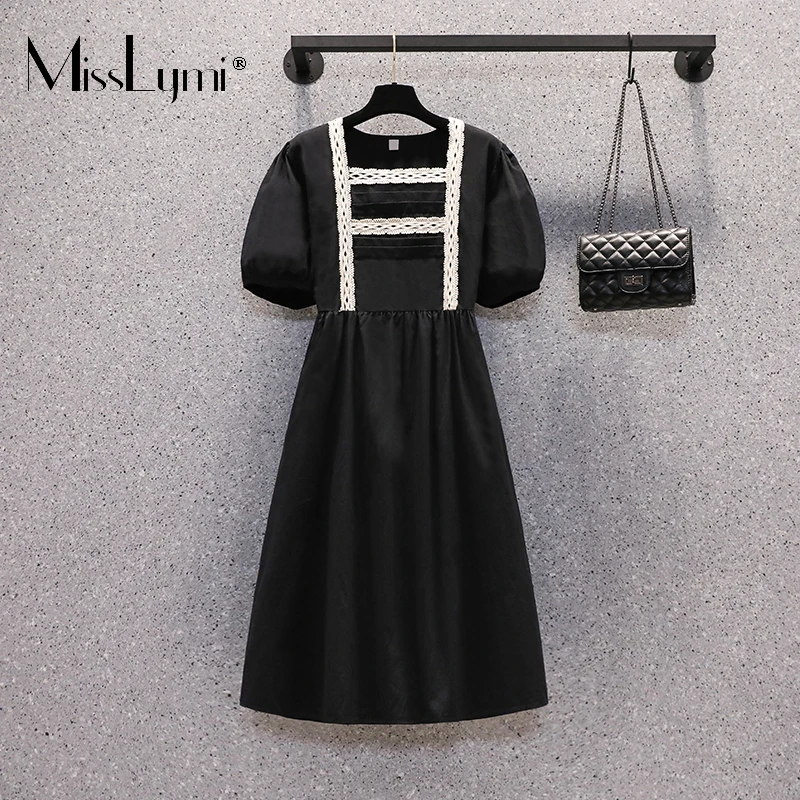 

4XL Plus Size Women Elegant Lace Patchwork Ruched Dress Summer 2021 Sweet Square Collar Puff Sleeve High Waist A-line Midi Dress