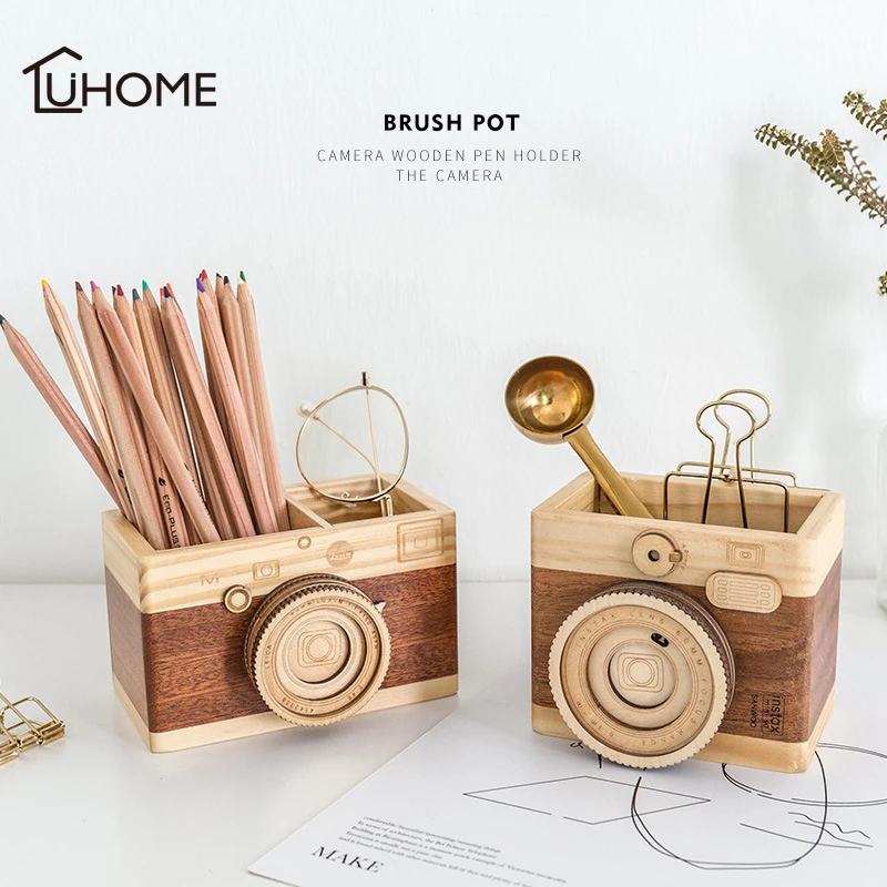 

Creative Camera Music Box Wooden Pen Holder Make Up Brushes Organizer Wood Crafts Retro Birthday Gifts Vintage Home Decoration