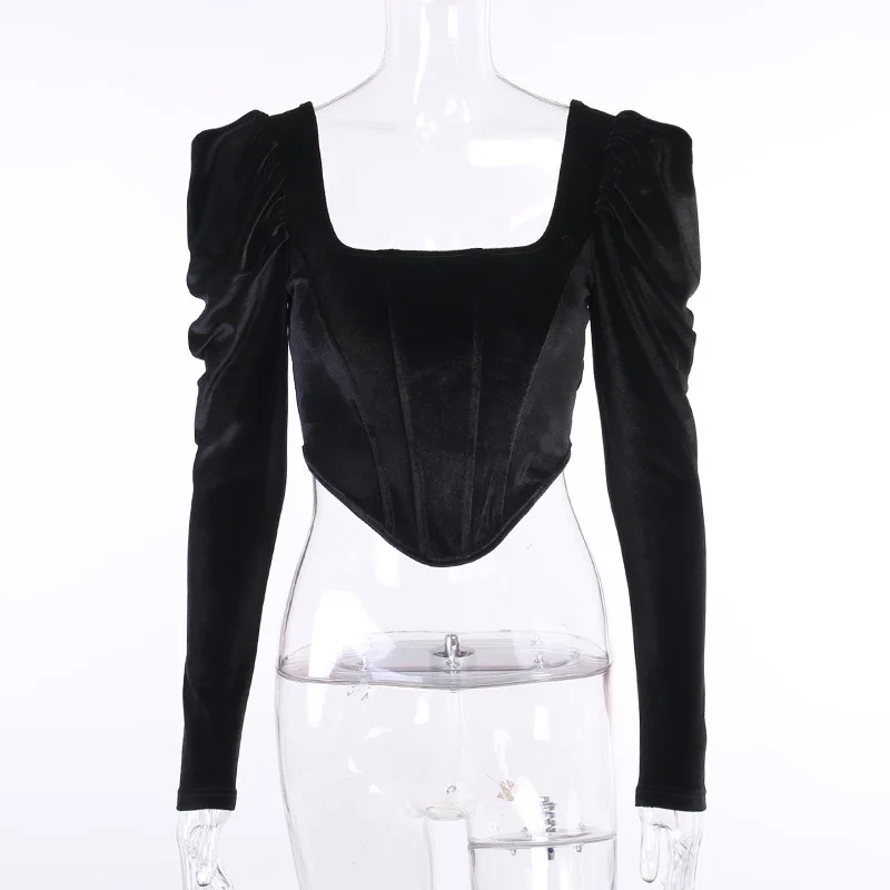 Женская Вельветовая блузка укороченный топ с квадратным вырезом и пышным