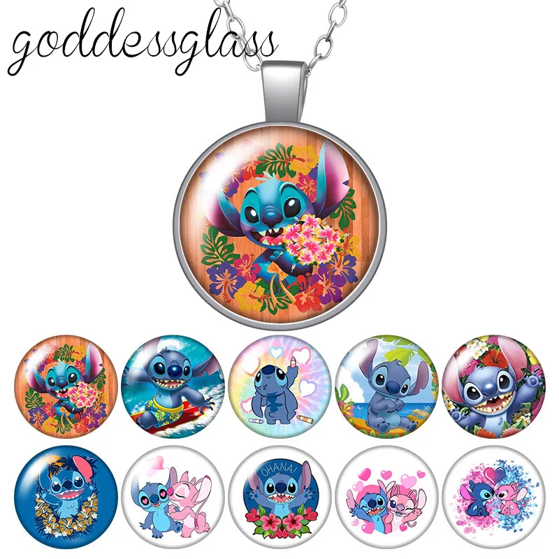 Pendentif Disney Lilo & Stitch ange en verre rond  cabochon plaqué argent/cristal  collier cadeau