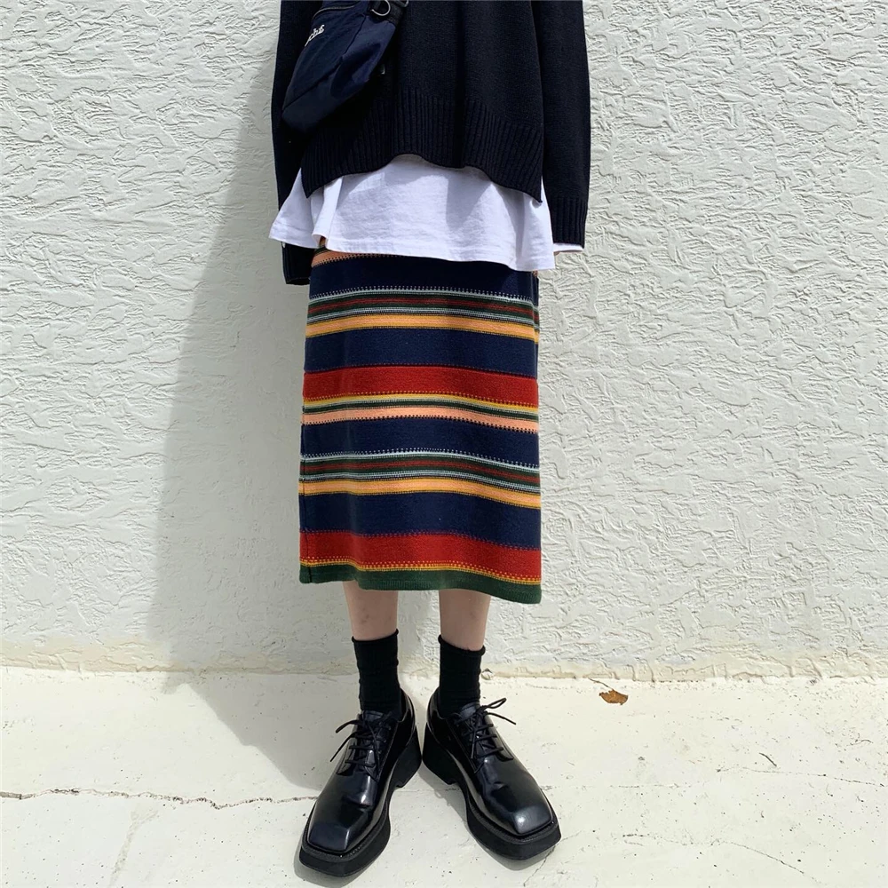 

2020 knitted skirt mid-length autumn and winter retro high waist bag hip straight long skirt rainbow striped skirt DQ1233