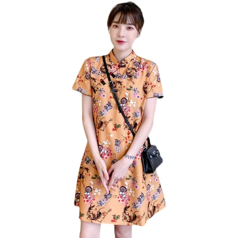 

National Style Small Floral Temperament Dress Summer New Women's Art Loose Improved Cheongsam