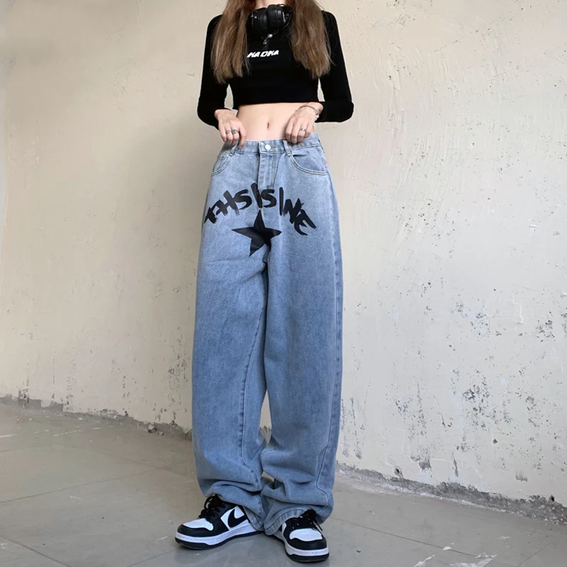 

New Jeans Women Streetwear Hip Hop Loose Wide Leg Pants Straight Cowboy Vintage Washed Star Letter Print Casual Denim Trousers