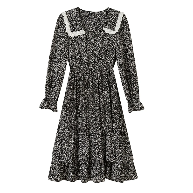 

Bornladies Spring New Long Sleeve Thin Dress Chiffon Cake Floral Pleated Dress