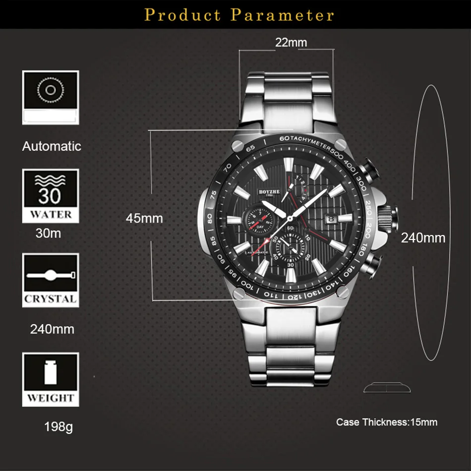 Автоматические часы BOYZHE мужские роскошные брендовые механические с хронографом