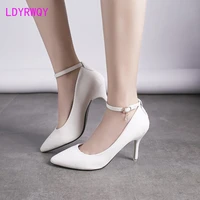 large size new sexy patent leather high heels womens stiletto pointed one word buckle belt shallow fashion shoes