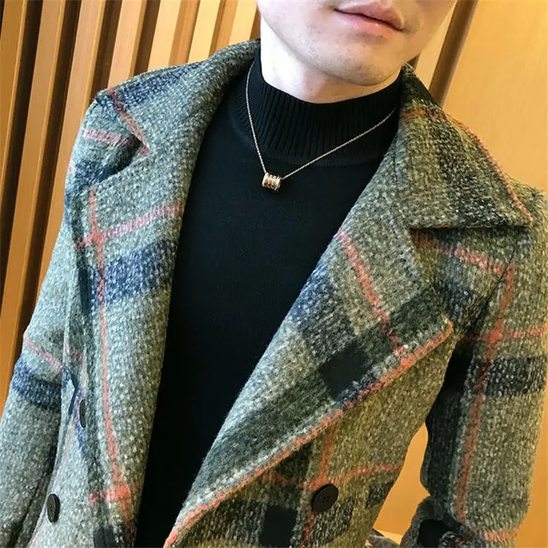 

Men Woolen Jacket 2020 Winter New Double Breasted Windbreaker Fashion Retro Tartan Jackets Man Slim Fit Short Jacket Trench 5xl