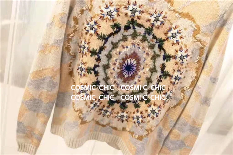 Cosmicchic кашемировый свитер с вышивкой женский вязаный пуловер с длинными рукавами высокое качество элегантный калейдоскоп женский топ