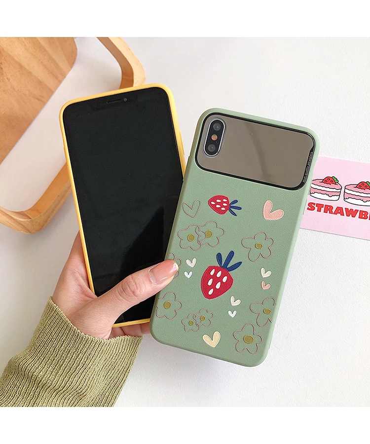 Matte Strawberry Floral Mirror Phone Case for Iphone 11 11pro Max 6s 7 8plus Xr Xs X Shockproof Make Up Soft Tpu Back Cover | Мобильные