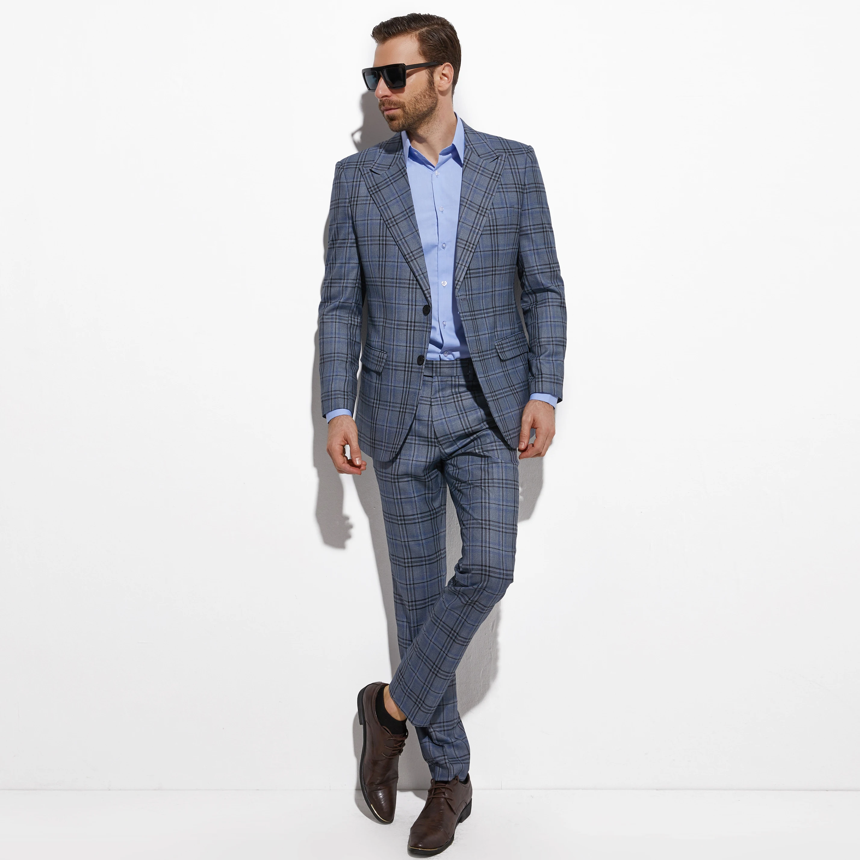 Модные синие серые клетчатые мужской костюм Индивидуальный заказ Slim Fit, в клетку, костюм из двух предметов Повседневное