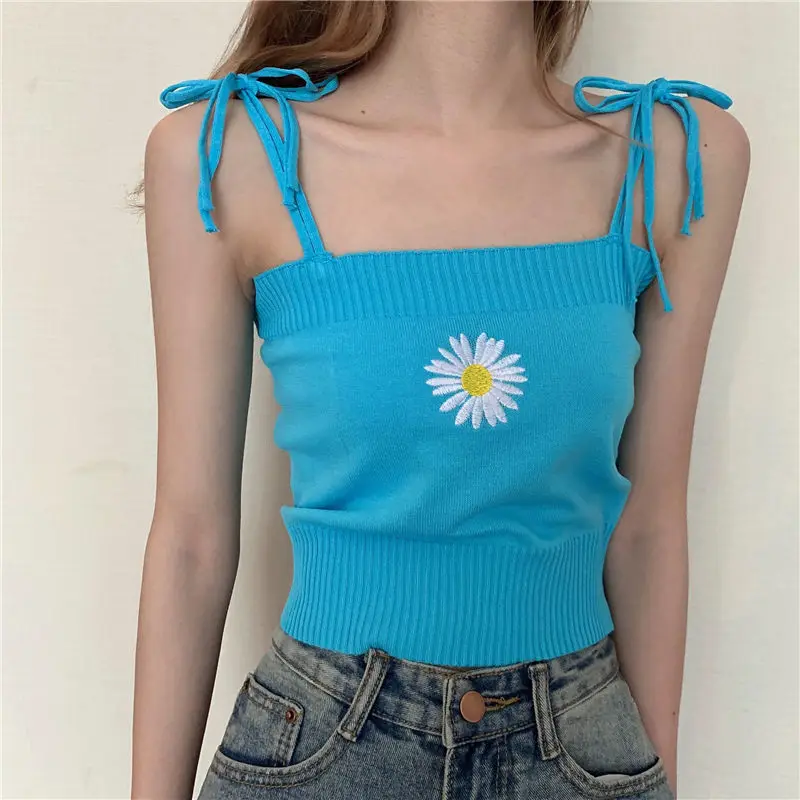 

Summer new style Korean embroidered knitted small camisole women's slim cropped short sleeveless all-match blouse