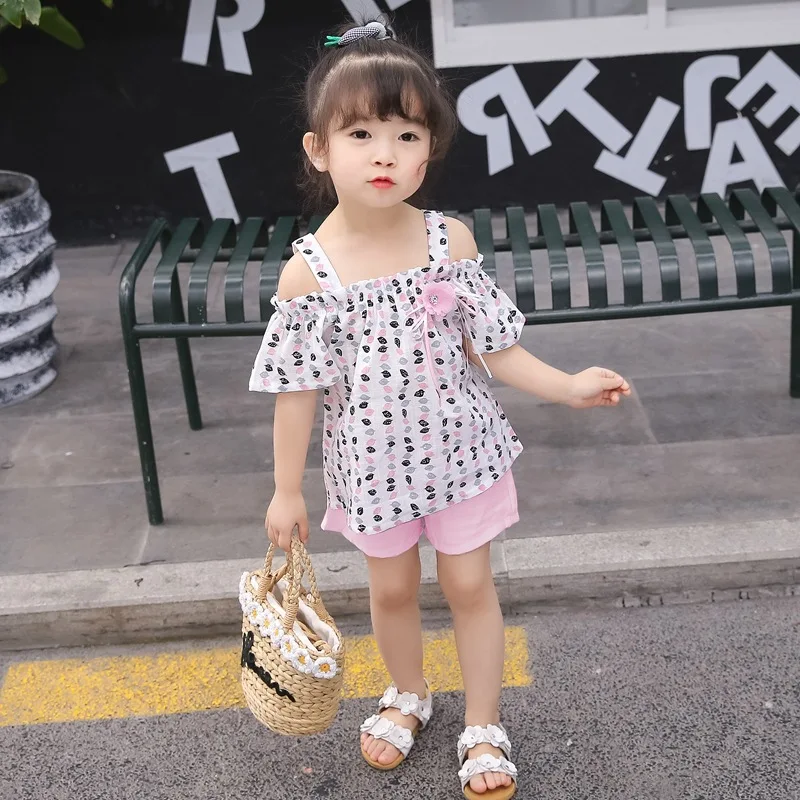 

От 1 до 5 лет Одежда для девочек, летний комплект из двух предметов прелестные модные туфли с открытыми плечами слинг спoртивный свитeр + Пляжн...