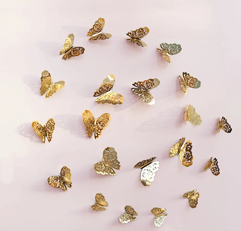 12 шт./лот 3D золотые и серебряные бабочки настенные наклейки домашние