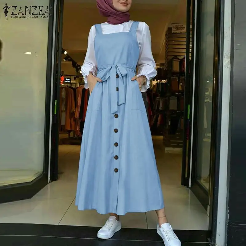 

Fashion Islamic Dress Women's Autumn Overalls Vestidos ZANZEA 2021 Casual Solid Tank Marocain Robe Female Button Sundress S-